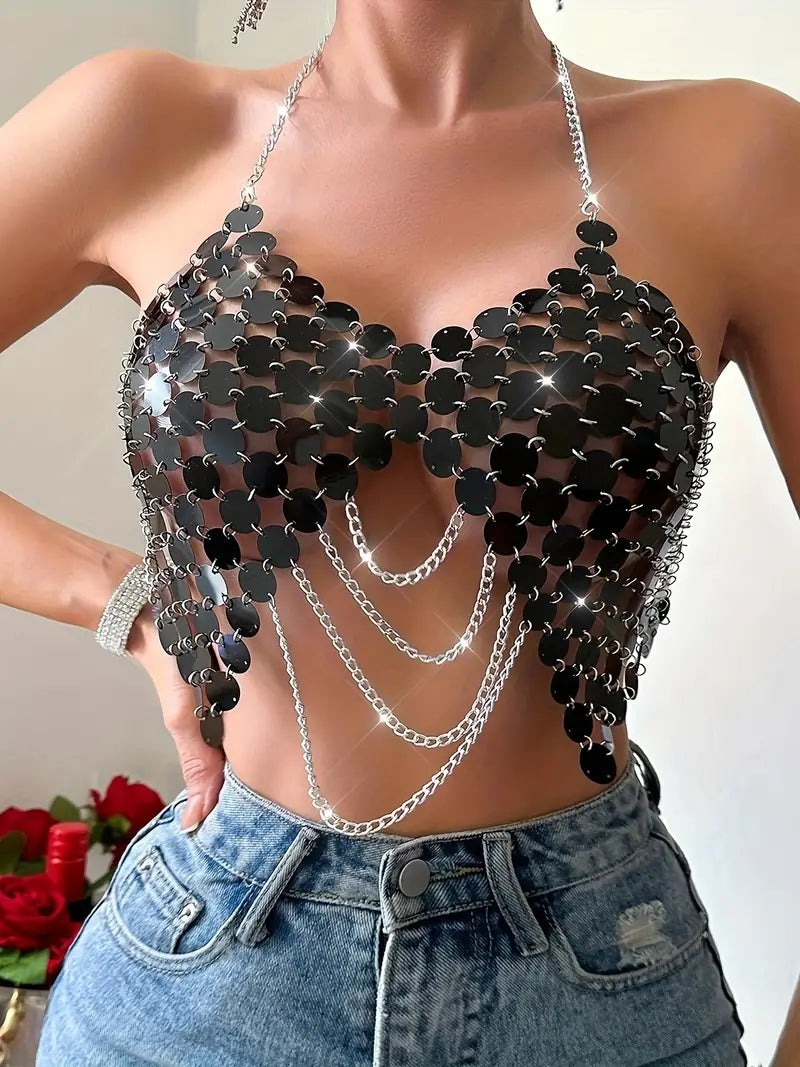 Stone Flowers Chained Allure Halter Crop Top