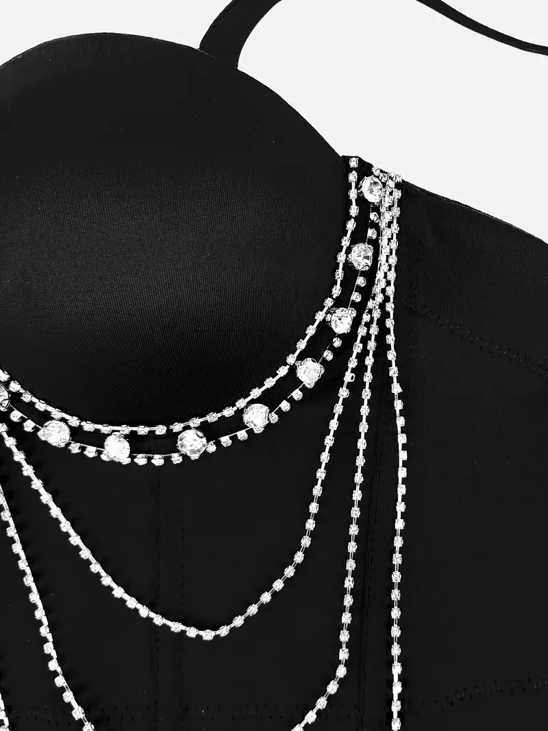 Stone Flowers Glam Chain Corset Crop Top