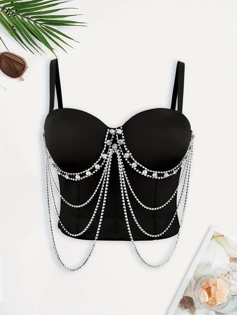 Stone Flowers Glam Chain Corset Crop Top