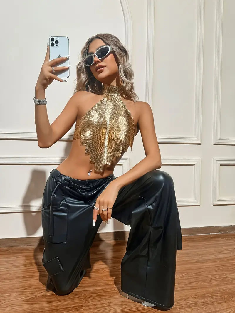 Stone Flowers Glitter Goddess Backless Top