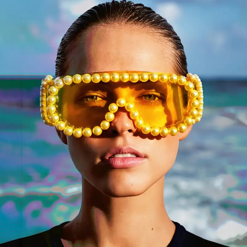 Stone Flowers Pearl Candy Shield Festival Sunglasses